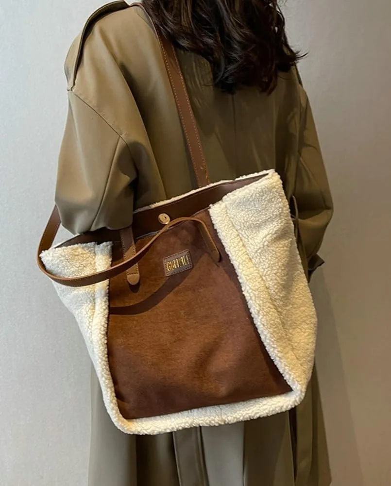 Large Plush Tote Underarm Bag for Women Fluffy Shoulder Purse Casual Faux Fur Working Handbag Fall Winter