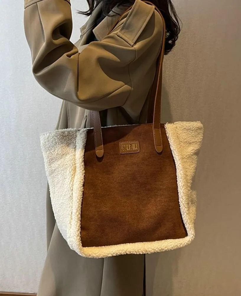 Large Plush Tote Underarm Bag for Women Fluffy Shoulder Purse Casual Faux Fur Working Handbag Fall Winter