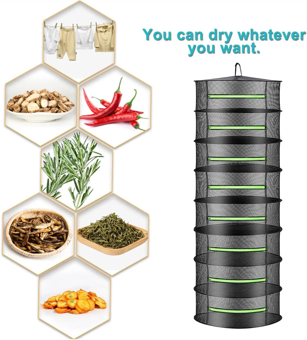 Layer 2ft Herb Drying Rack Net Mesh with Green Zippers Hydroponics,Bonus Hook Drying Rack Herbs for Plant Bud Seed, Mesh Hanging Plant Dry,Herb Dry Net for Garden (8 Layer, Zipper Style)