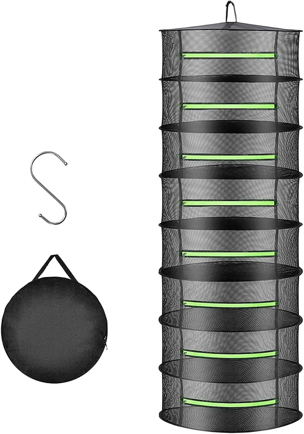 Layer 2ft Herb Drying Rack Net Mesh with Green Zippers Hydroponics,Bonus Hook Drying Rack Herbs for Plant Bud Seed, Mesh Hanging Plant Dry,Herb Dry Net for Garden (8 Layer, Zipper Style)