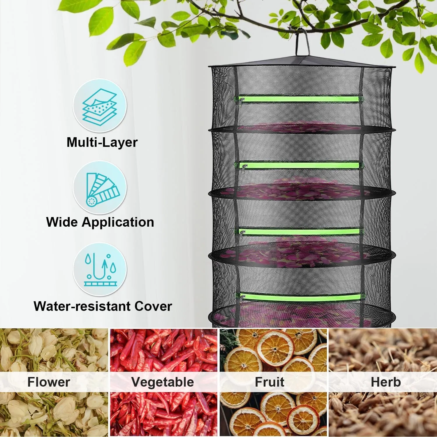 Layer 2ft Herb Drying Rack Net Mesh with Green Zippers Hydroponics,Bonus Hook Drying Rack Herbs for Plant Bud Seed, Mesh Hanging Plant Dry,Herb Dry Net for Garden (8 Layer, Zipper Style)