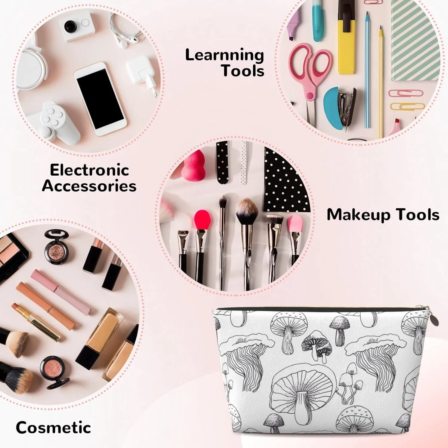 Leather Travel Toiletry Makeup Bag Zipper Makeup Pouch Travel Essentials Portable Cosmetic Bag Organiser Suitable Business Trip for Woman Man Black White Line Mushroom