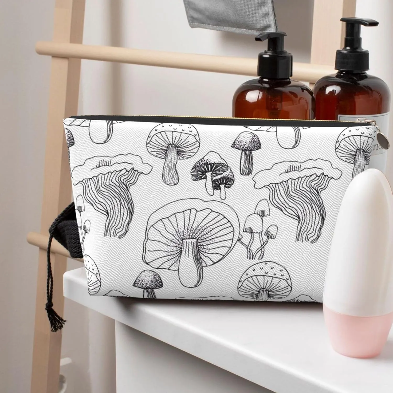 Leather Travel Toiletry Makeup Bag Zipper Makeup Pouch Travel Essentials Portable Cosmetic Bag Organiser Suitable Business Trip for Woman Man Black White Line Mushroom