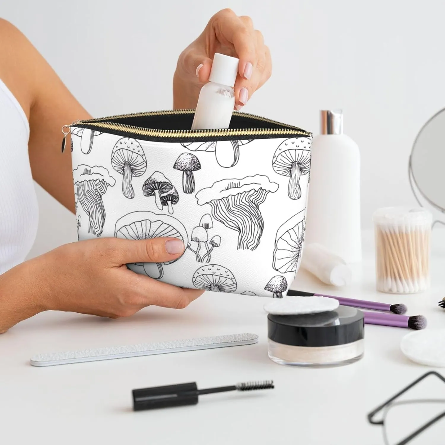 Leather Travel Toiletry Makeup Bag Zipper Makeup Pouch Travel Essentials Portable Cosmetic Bag Organiser Suitable Business Trip for Woman Man Black White Line Mushroom
