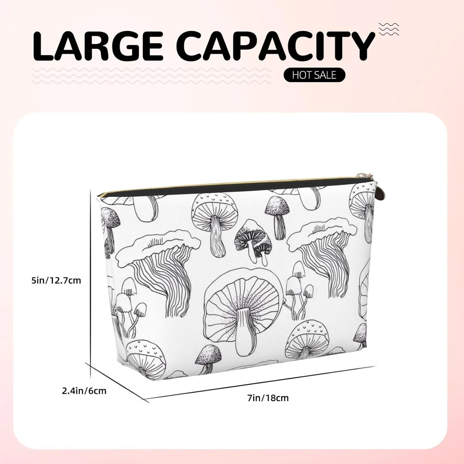 Leather Travel Toiletry Makeup Bag Zipper Makeup Pouch Travel Essentials Portable Cosmetic Bag Organiser Suitable Business Trip for Woman Man Black White Line Mushroom