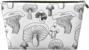 Leather Travel Toiletry Makeup Bag Zipper Makeup Pouch Travel Essentials Portable Cosmetic Bag Organiser Suitable Business Trip for Woman Man Black White Line Mushroom