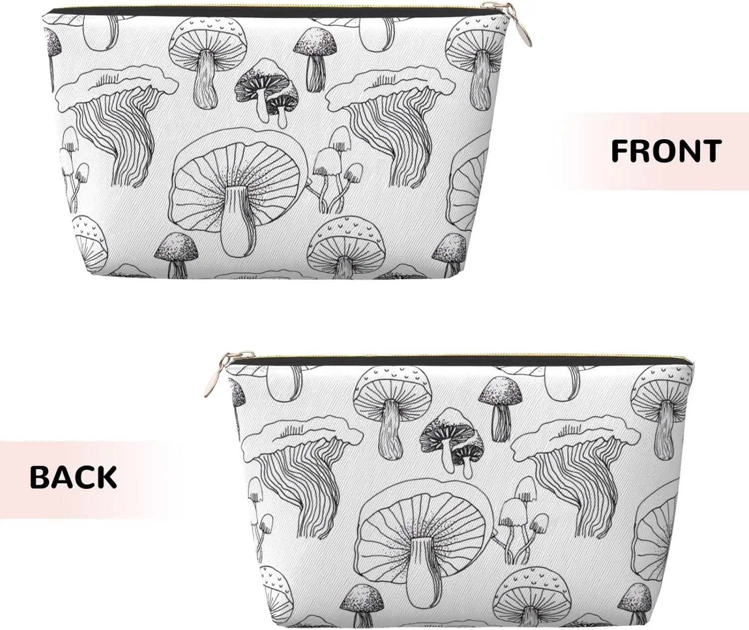 Leather Travel Toiletry Makeup Bag Zipper Makeup Pouch Travel Essentials Portable Cosmetic Bag Organiser Suitable Business Trip for Woman Man Black White Line Mushroom