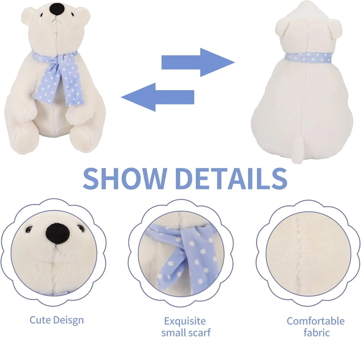 Lifelike Super Soft Cute Polar Bear Plush Toy with Scarf, Kawaii Cute Polar Bear, 15.7 Inch, Perfect for Kids, Children, Family, Xmas, Birthday Gifts