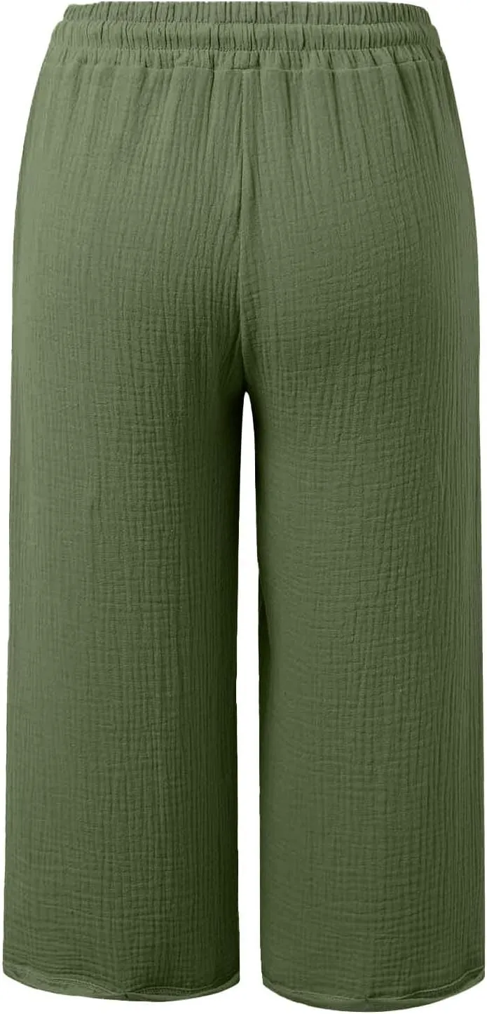 Linen Capri Pants for Women Elastic Waist Straight Leg Lightweight Beach Vacation Capris Summer Casual Lounge Pants