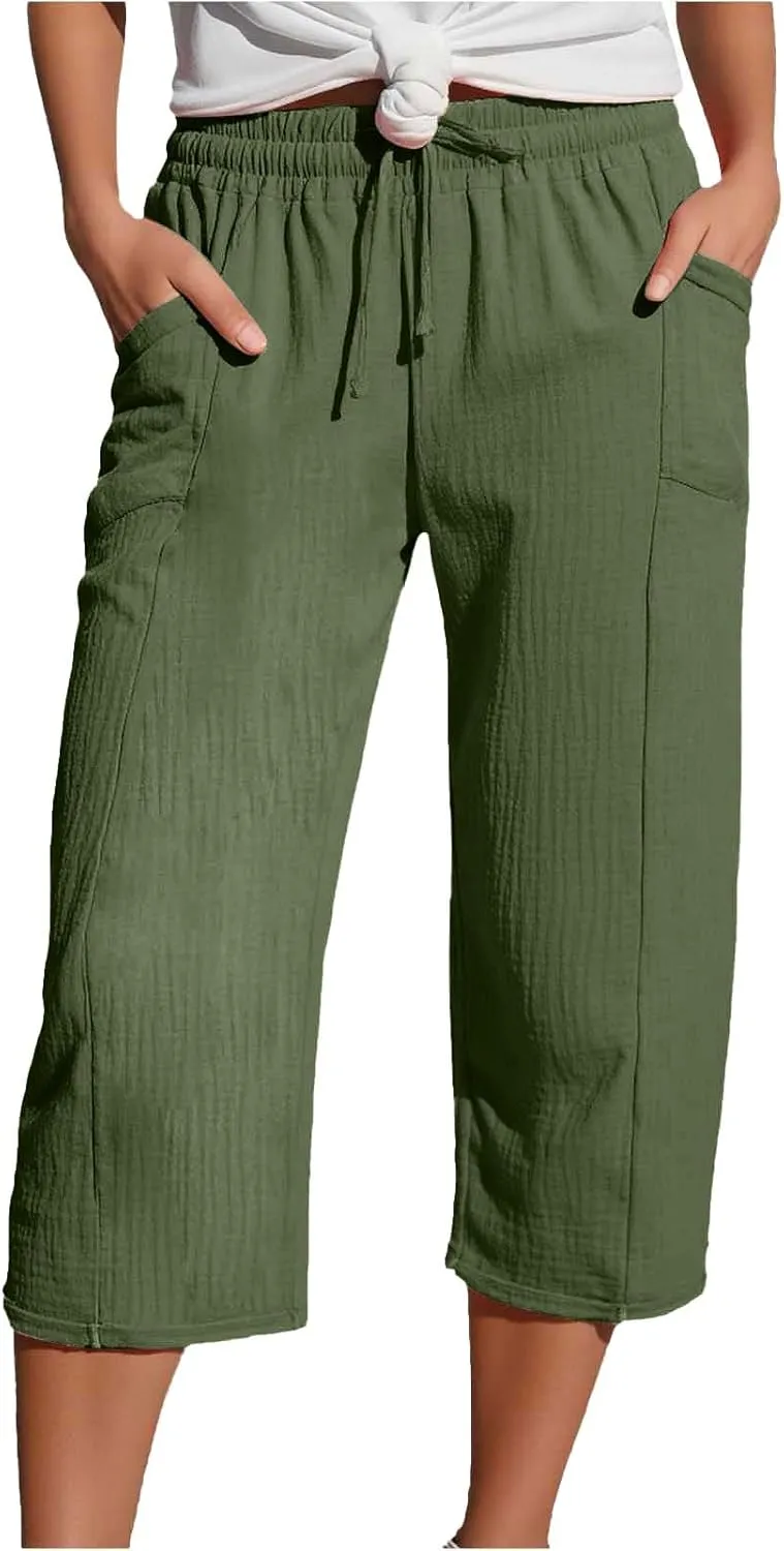 Linen Capri Pants for Women Elastic Waist Straight Leg Lightweight Beach Vacation Capris Summer Casual Lounge Pants
