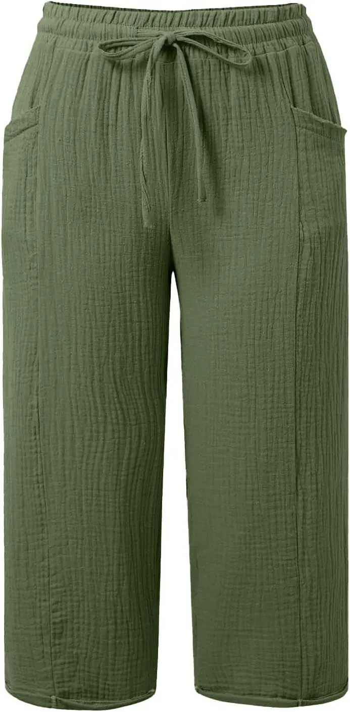 Linen Capri Pants for Women Elastic Waist Straight Leg Lightweight Beach Vacation Capris Summer Casual Lounge Pants