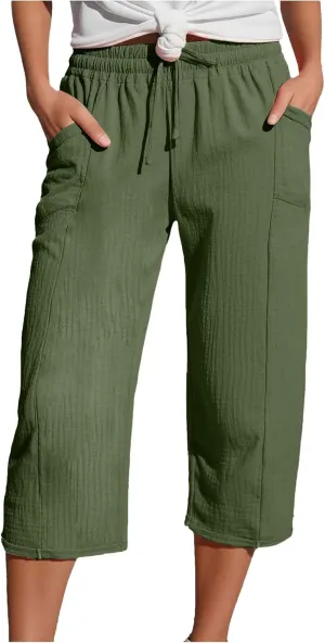 Linen Capri Pants for Women Elastic Waist Straight Leg Lightweight Beach Vacation Capris Summer Casual Lounge Pants