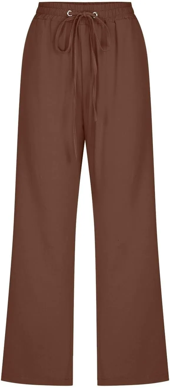 Linen Capri Pants for Women Plus Size Elastic High Waist Wide Leg Lounge Pants Summer Casual Comfy Beach Trousers
