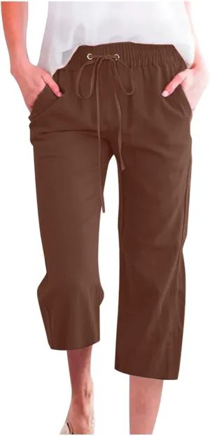 Linen Capri Pants for Women Plus Size Elastic High Waist Wide Leg Lounge Pants Summer Casual Comfy Beach Trousers