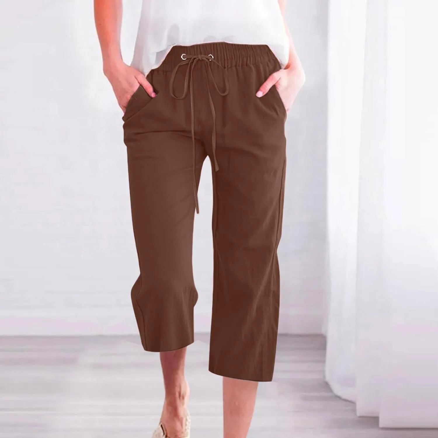 Linen Capri Pants for Women Plus Size Elastic High Waist Wide Leg Lounge Pants Summer Casual Comfy Beach Trousers