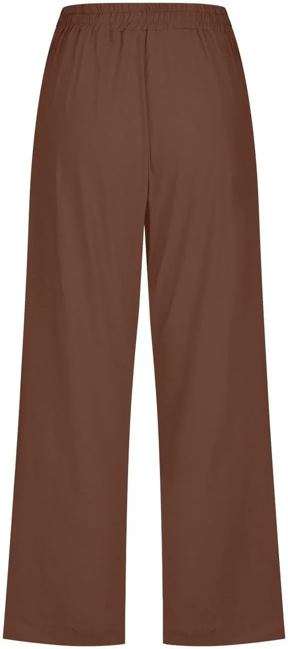Linen Capri Pants for Women Plus Size Elastic High Waist Wide Leg Lounge Pants Summer Casual Comfy Beach Trousers