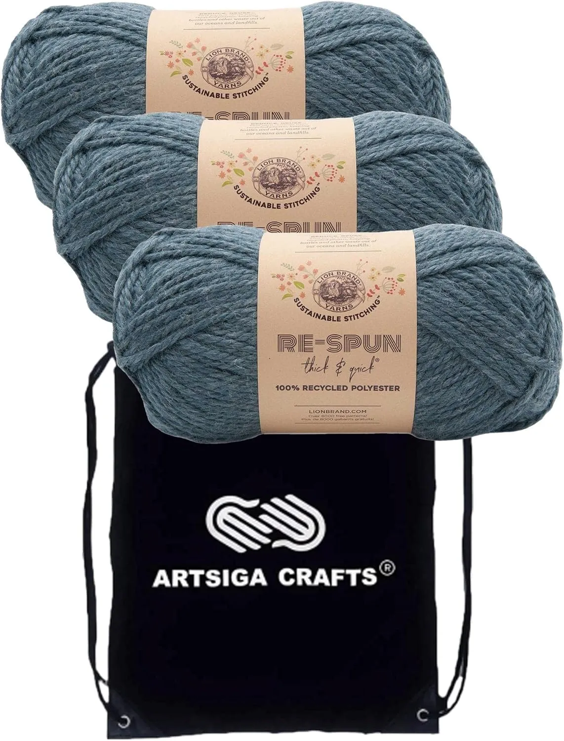 Lion Brand Re Spun Thick & Quick Night Sky 843-110 (3-Skeins - Same Dye Lot) Weight S Bulky #6 Polyester Yarn for Crocheting and Knitting with Project Bag