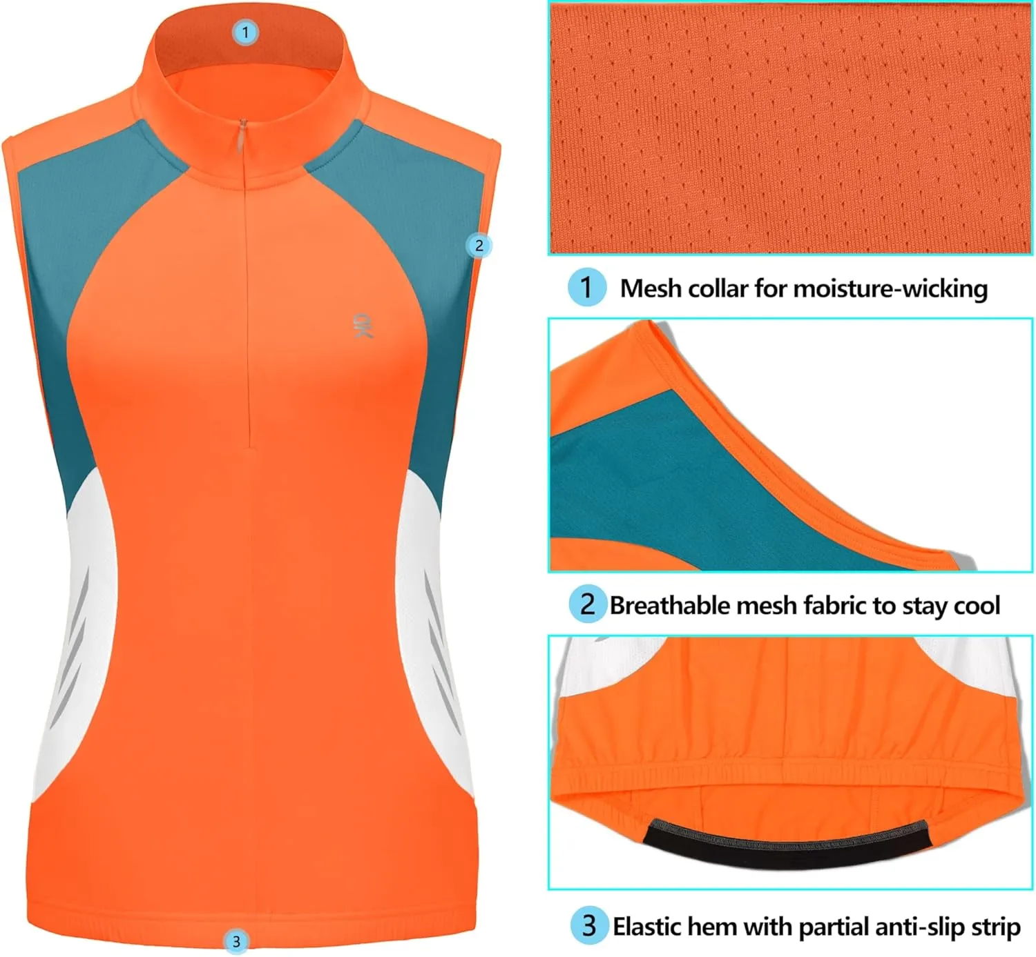 Little Donkey Andy Women's Half Zip Breathable Cycling Vests Reflective Sleeveless Jerseys Shirts Golf 4 Rear Pockets