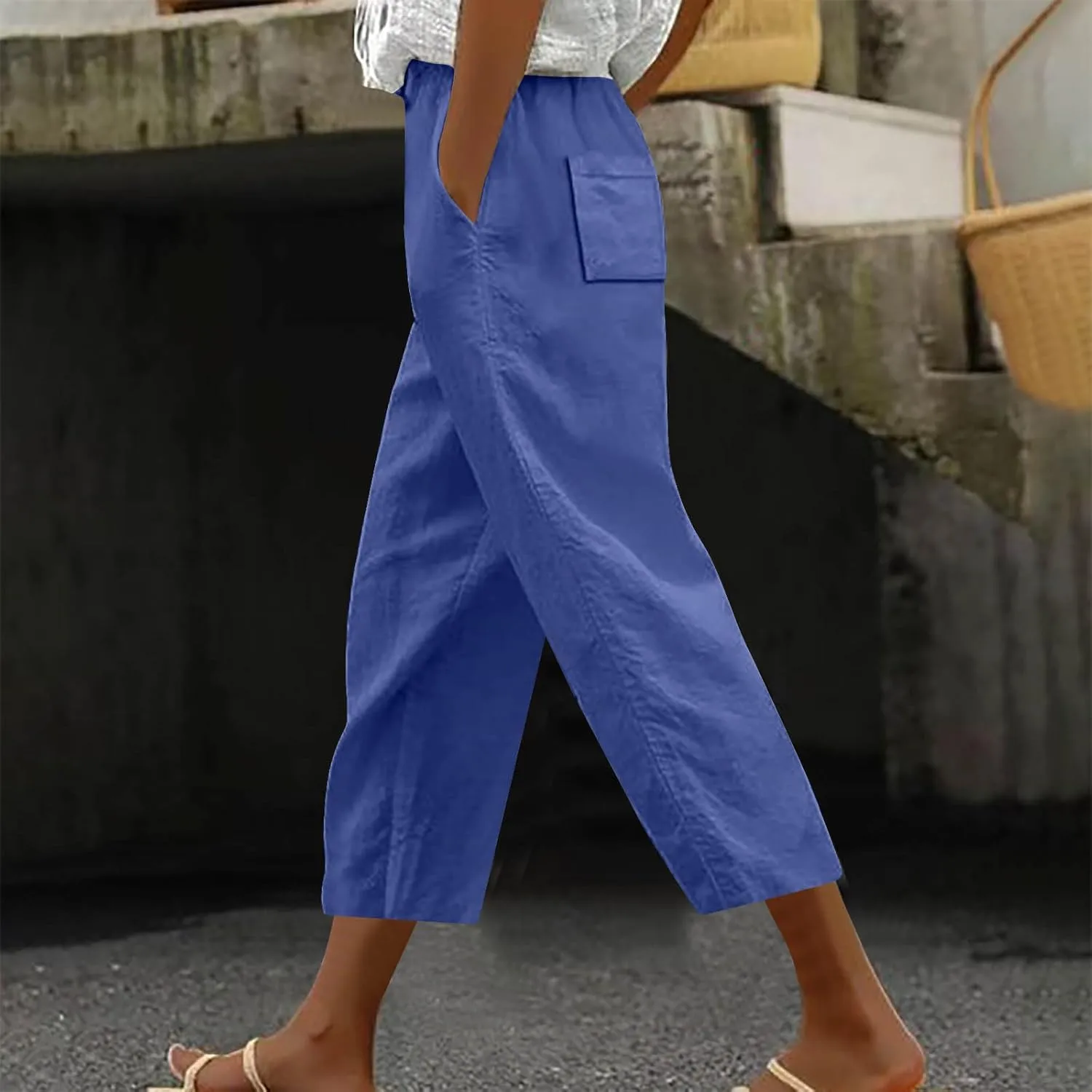 Loose Casual Harlan Pants for Women Drawstring Waist Wide Leg Lounge Pant Summer Casual Cropped Trousers with Pockets