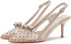 Lossarye Women's Bow Slingback Stilettos Closed Pointed Toe Mesh Breathable Ankle Strap High Heels Dress Pumps