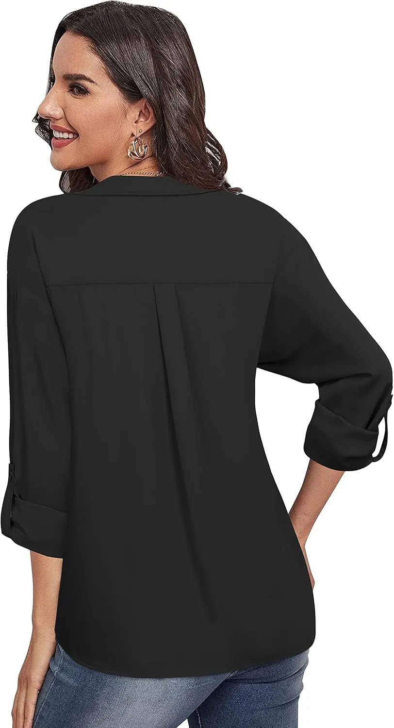 Lotusmile Women's Dressy Lapel Button Down Shirts for Work Office Business Casual Chiffon Blouse Tops