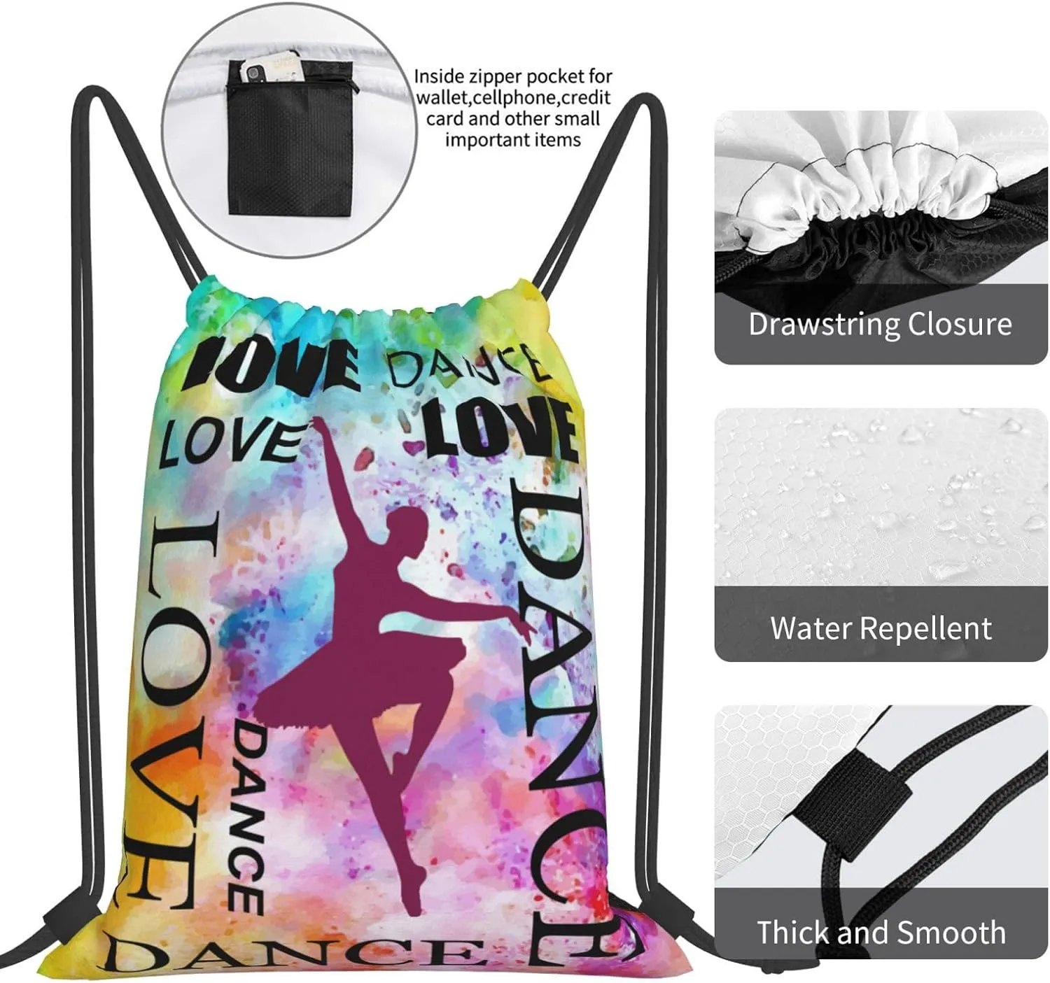 Love dance Drawstring Backpack Waterproof Sports String Bag Adjustable Lightweight Gym Dance Sackpack for Women Men Boys Girls