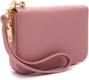 LOVESOME Womens Small Zip Around, Double Zip Around - Double Compartment Wristlet Wallet with Wrist Strap