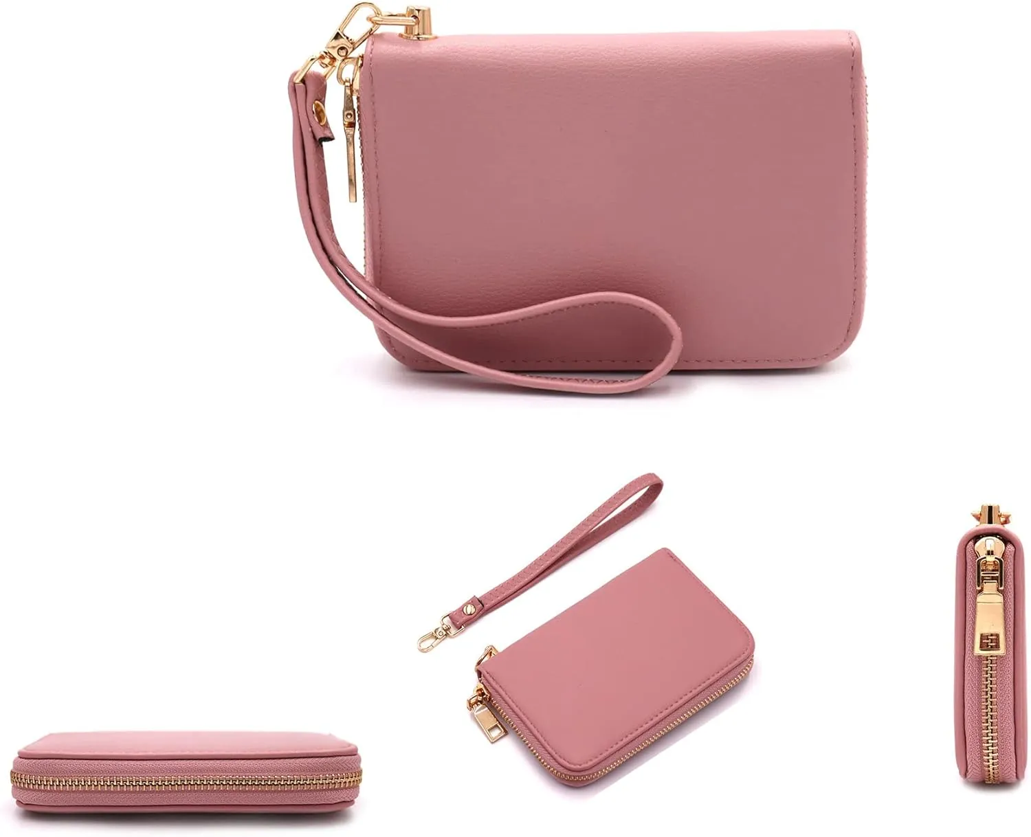 LOVESOME Womens Small Zip Around, Double Zip Around - Double Compartment Wristlet Wallet with Wrist Strap