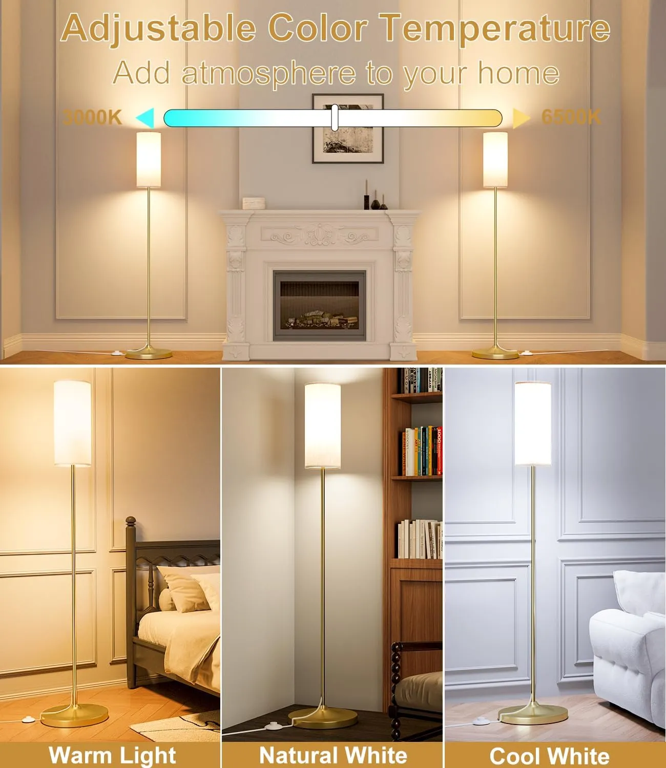 luckystyle LED Floor Lamp for Living Room, Dimmable Standing Lamps with Foot Switch,Remote Custom Color Temperature Gold Pole Lamp with Lampshade,12W Led Bulb Tall Lamps for Bedroom Office Kid Room