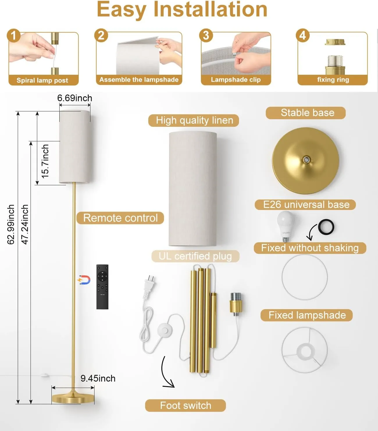 luckystyle LED Floor Lamp for Living Room, Dimmable Standing Lamps with Foot Switch,Remote Custom Color Temperature Gold Pole Lamp with Lampshade,12W Led Bulb Tall Lamps for Bedroom Office Kid Room