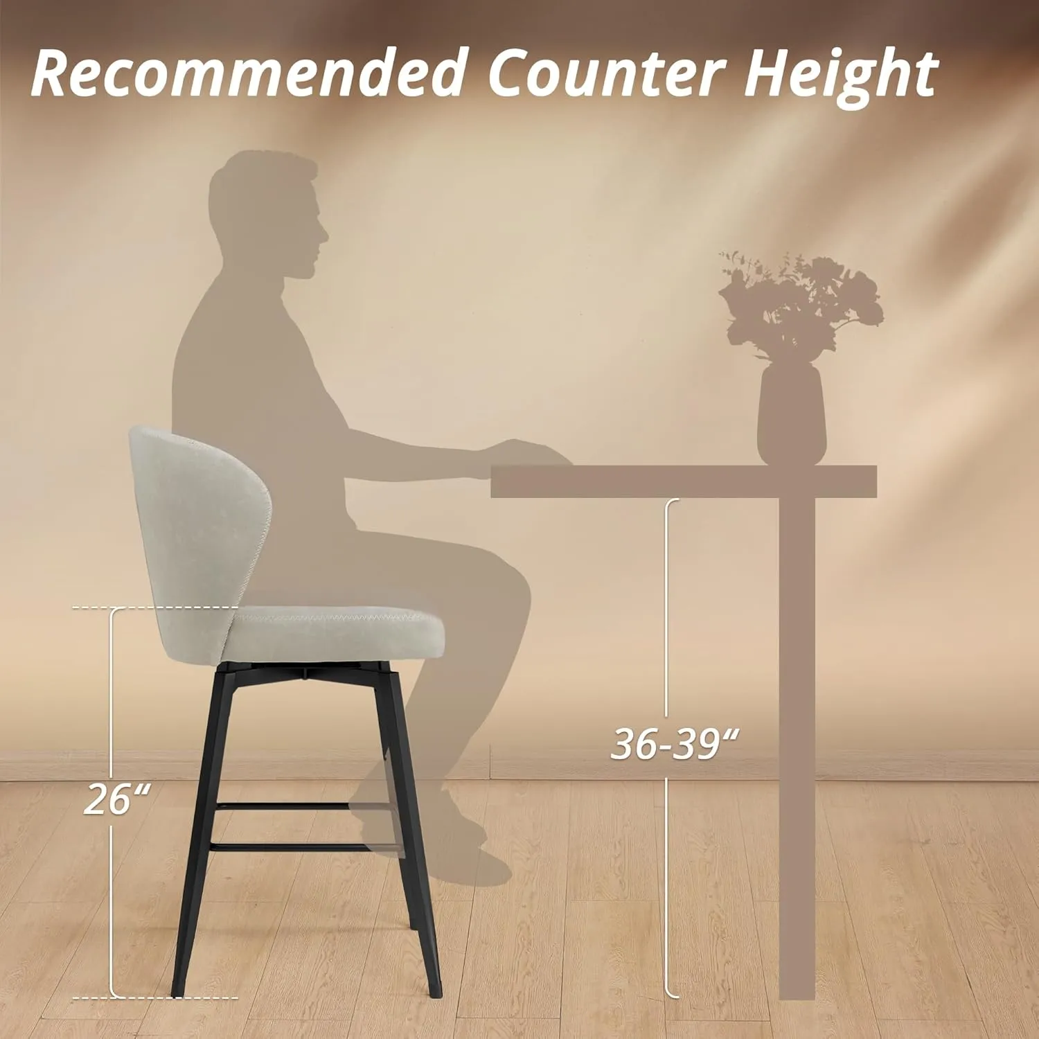LUE BONA 26 Inch Swivel Bar Stools Set of 4, Counter Height Bar Stools with Back, Upholstered Counter Stools, Faux Leather with Stitching, Metal Legs, Easy Assembly, Light Beige Gray
