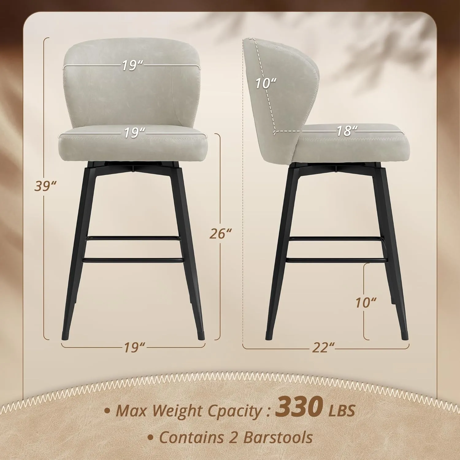 LUE BONA 26 Inch Swivel Bar Stools Set of 4, Counter Height Bar Stools with Back, Upholstered Counter Stools, Faux Leather with Stitching, Metal Legs, Easy Assembly, Light Beige Gray