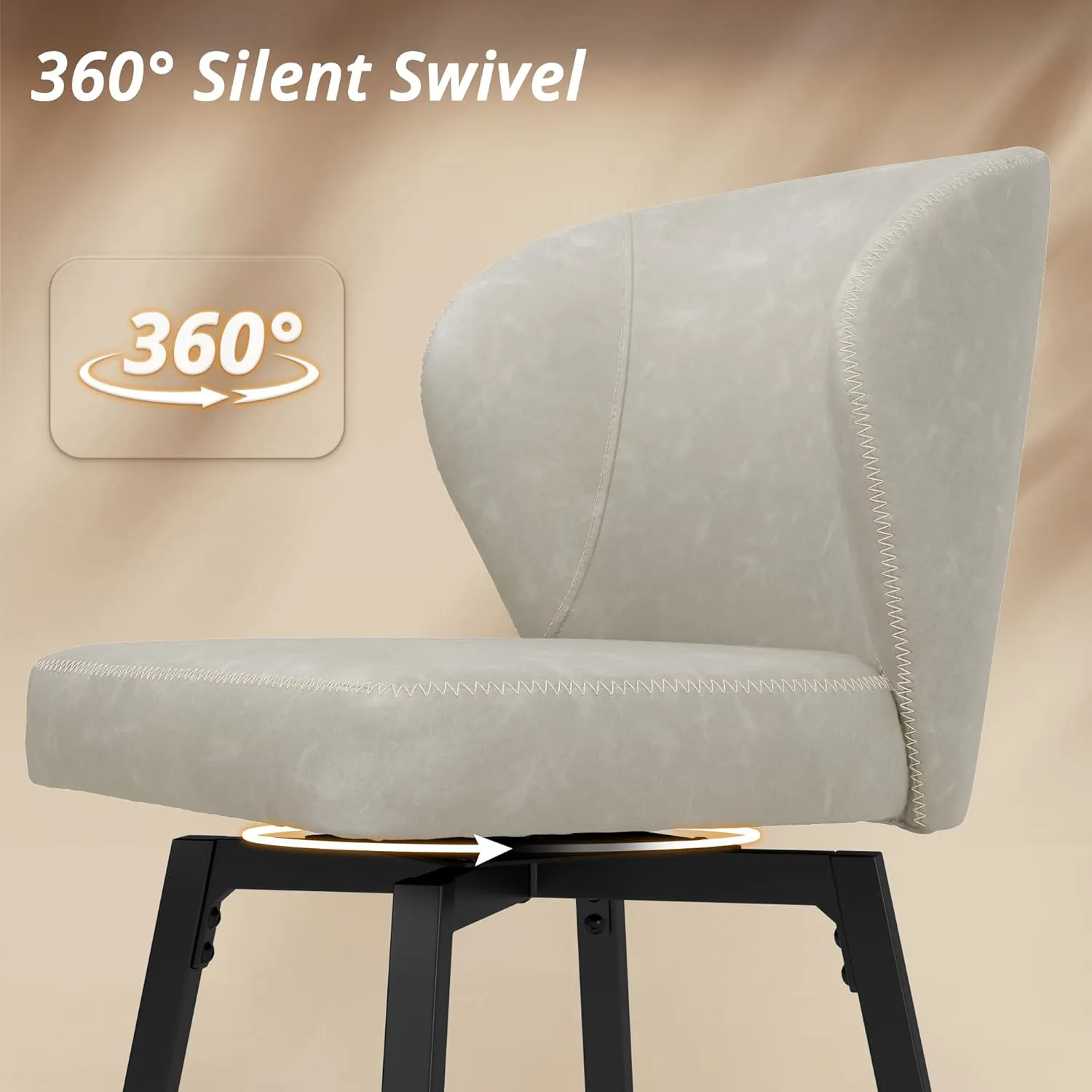 LUE BONA 26 Inch Swivel Bar Stools Set of 4, Counter Height Bar Stools with Back, Upholstered Counter Stools, Faux Leather with Stitching, Metal Legs, Easy Assembly, Light Beige Gray