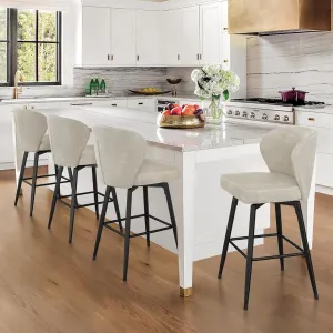 LUE BONA 26 Inch Swivel Bar Stools Set of 4, Counter Height Bar Stools with Back, Upholstered Counter Stools, Faux Leather with Stitching, Metal Legs, Easy Assembly, Light Beige Gray