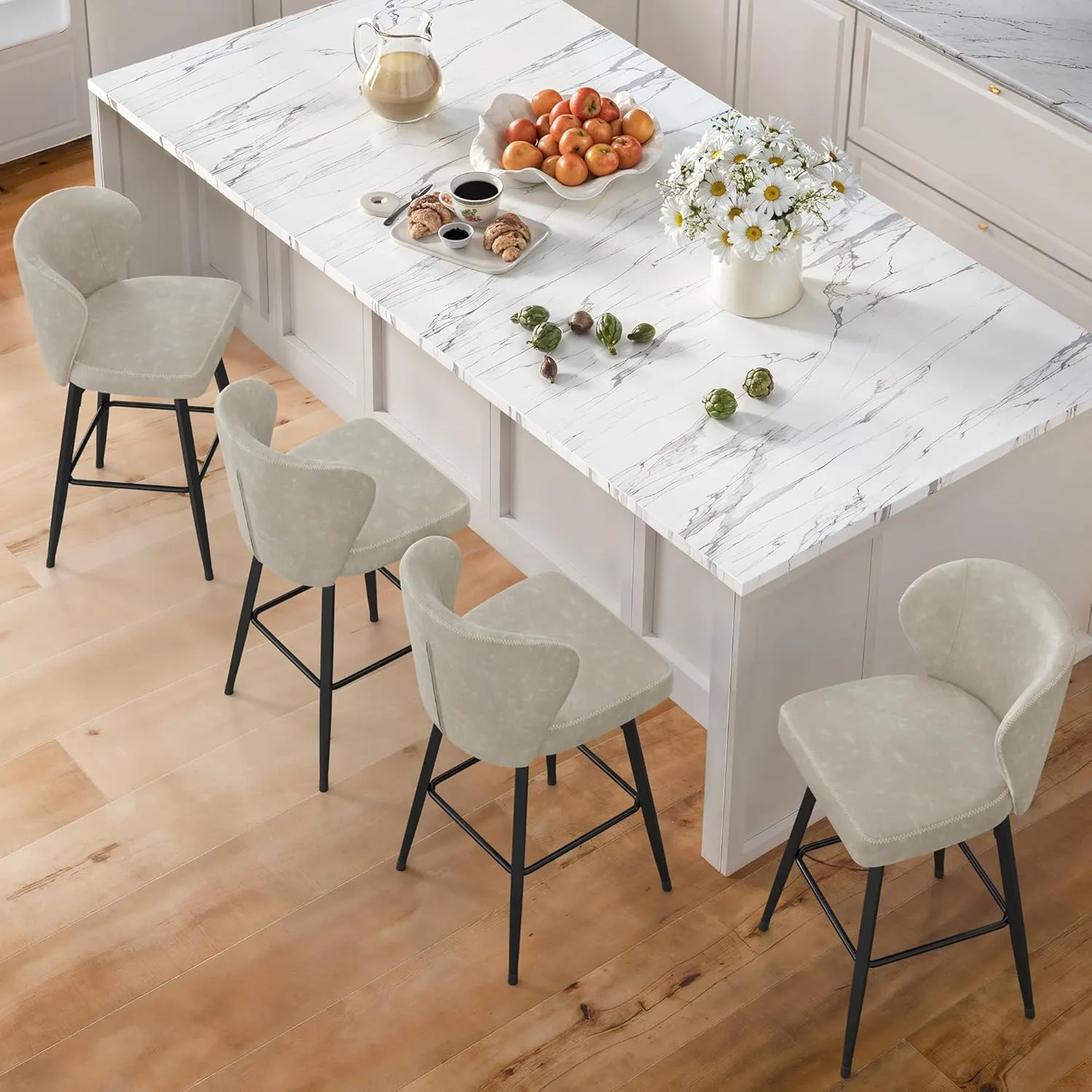 LUE BONA 26 Inch Swivel Bar Stools Set of 4, Counter Height Bar Stools with Back, Upholstered Counter Stools, Faux Leather with Stitching, Metal Legs, Easy Assembly, Light Beige Gray