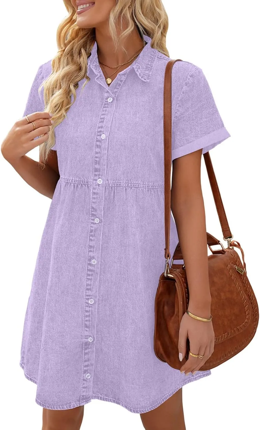 luvamia Women's Casual Short Sleeve Button Down Tiered Denim Babydoll Jean Dress