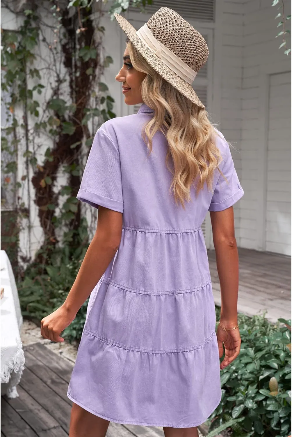 luvamia Women's Casual Short Sleeve Button Down Tiered Denim Babydoll Jean Dress