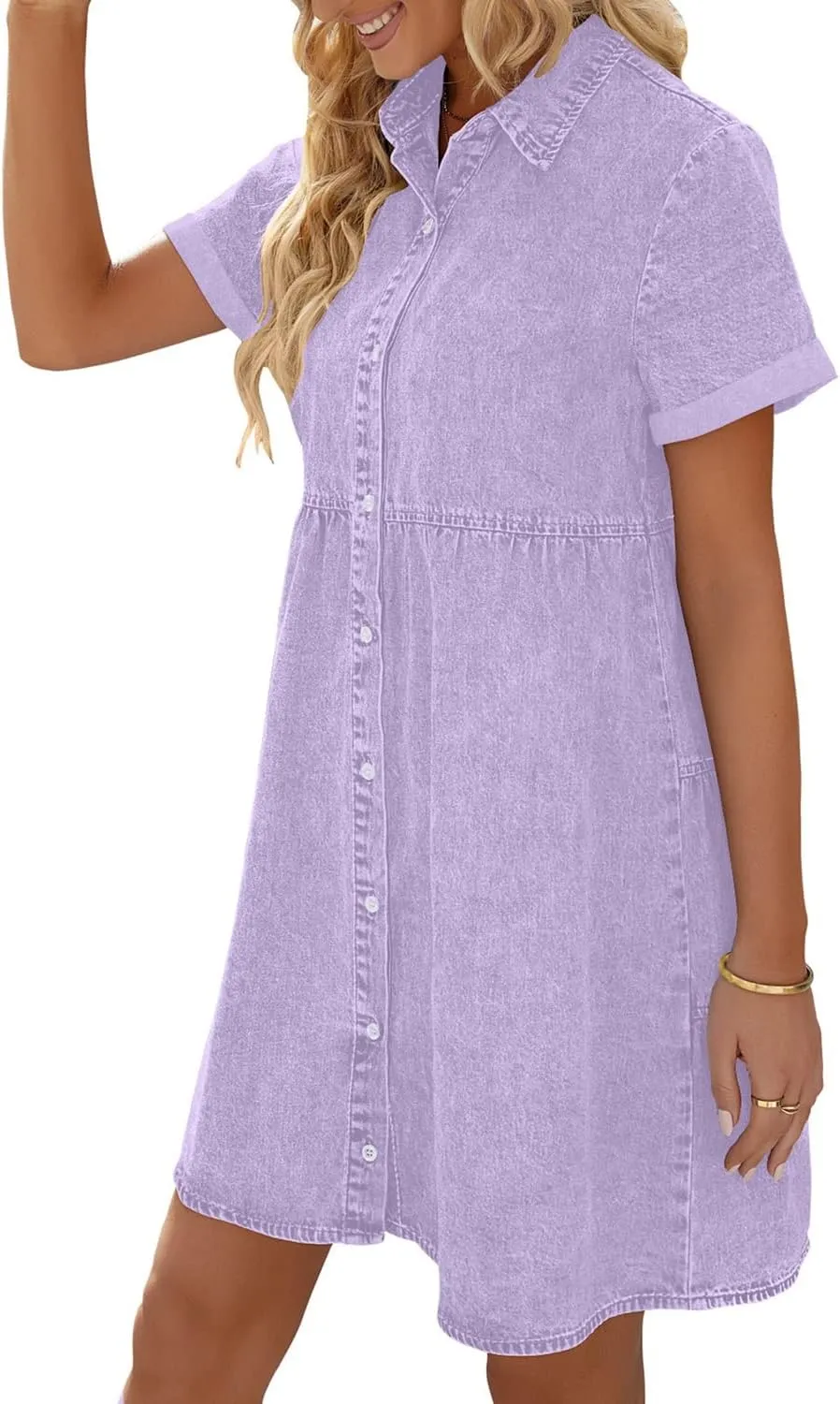 luvamia Women's Casual Short Sleeve Button Down Tiered Denim Babydoll Jean Dress