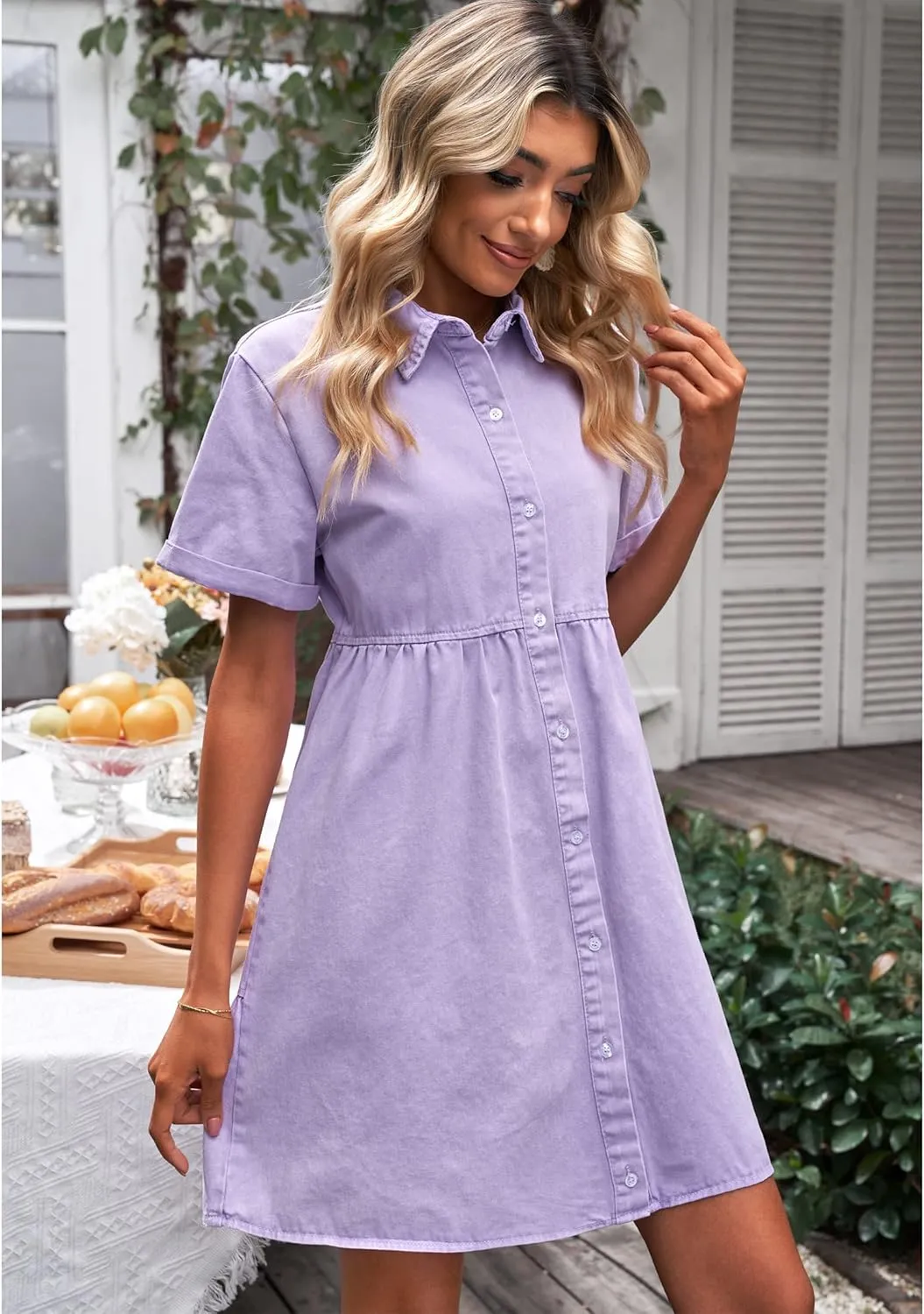 luvamia Women's Casual Short Sleeve Button Down Tiered Denim Babydoll Jean Dress