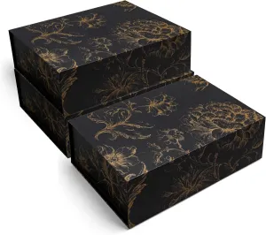 Luxury Keepsake Gift Box 3-Pack | Black Gold Floral Decorative Boxes with Magnetic Lids for Presents, Wedding Memory Box, and Bridal Gifts. 11.5" x 7.5" x 3.5"