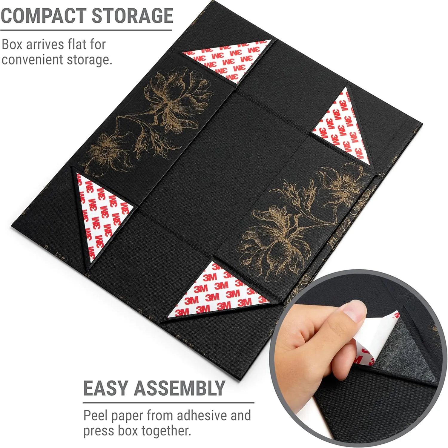 Luxury Keepsake Gift Box 3-Pack | Black Gold Floral Decorative Boxes with Magnetic Lids for Presents, Wedding Memory Box, and Bridal Gifts. 11.5" x 7.5" x 3.5"