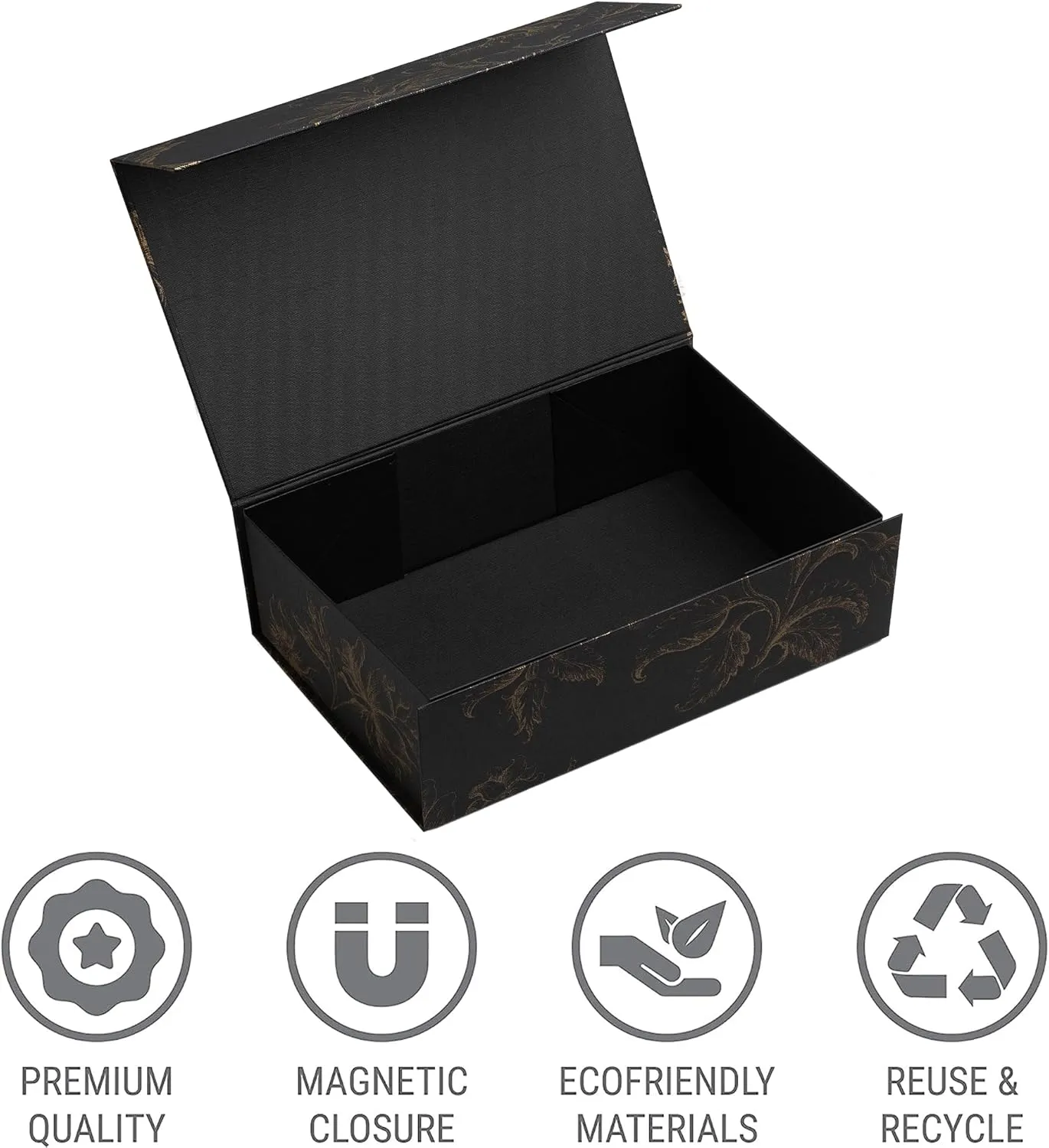 Luxury Keepsake Gift Box 3-Pack | Black Gold Floral Decorative Boxes with Magnetic Lids for Presents, Wedding Memory Box, and Bridal Gifts. 11.5" x 7.5" x 3.5"