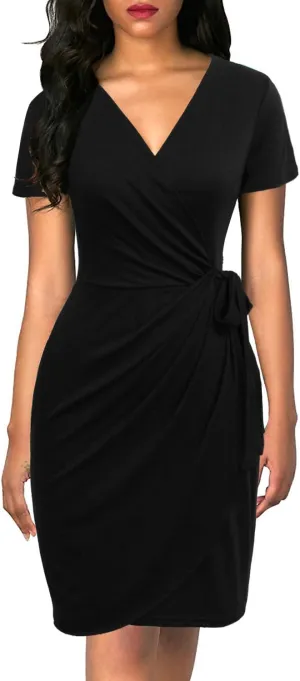 Lyrur Women's Classic V-Neck Casual Party Knee Length Sheath Work Short Sleeve Faux Black Wrap Dress