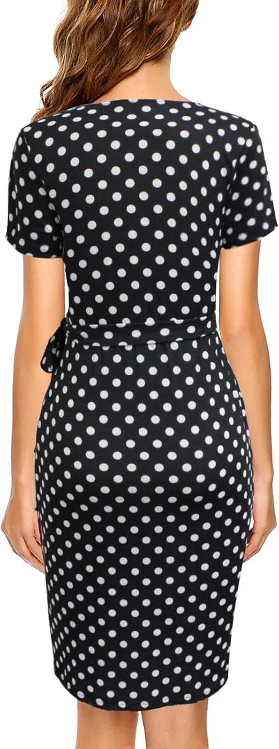 Lyrur Women's Classic V-Neck Casual Party Knee Length Sheath Work Short Sleeve Faux Black Wrap Dress