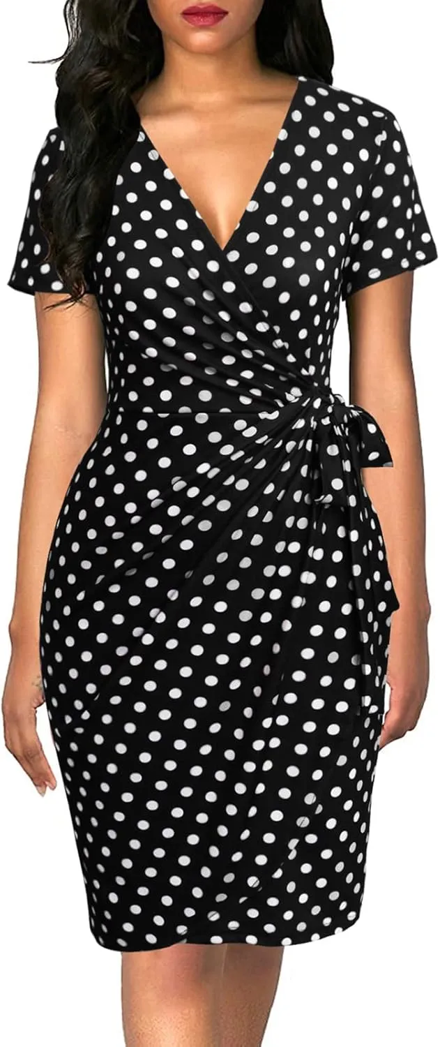 Lyrur Women's Classic V-Neck Casual Party Knee Length Sheath Work Short Sleeve Faux Black Wrap Dress