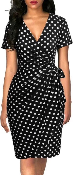 Lyrur Women's Classic V-Neck Casual Party Knee Length Sheath Work Short Sleeve Faux Black Wrap Dress