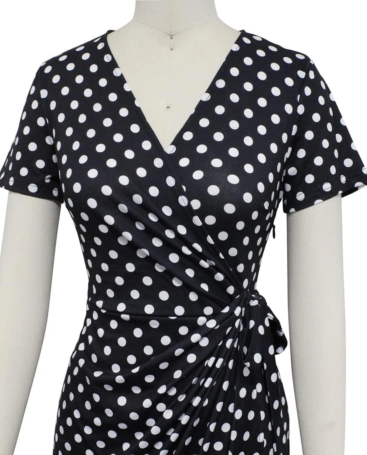 Lyrur Women's Classic V-Neck Casual Party Knee Length Sheath Work Short Sleeve Faux Black Wrap Dress