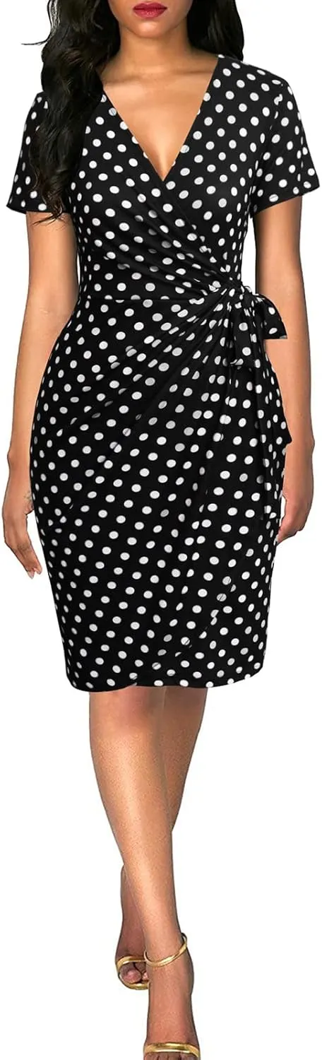 Lyrur Women's Classic V-Neck Casual Party Knee Length Sheath Work Short Sleeve Faux Black Wrap Dress