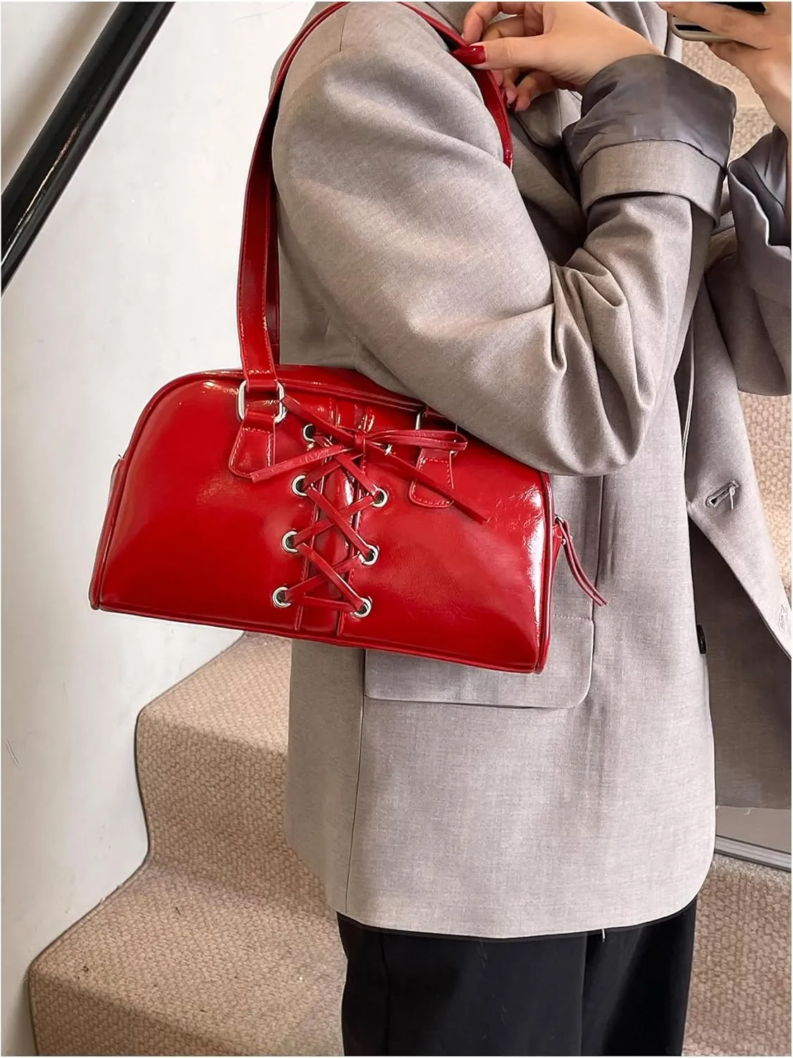 MakeMeChic Women's PU Leather Shoulder Bag Lace Up Zipper Double Handle Underarm Purses