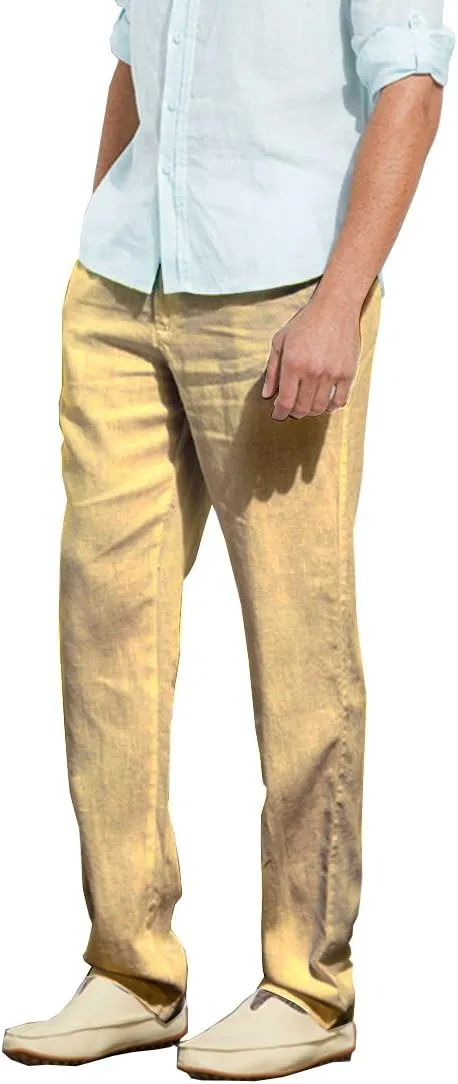 Manwan walk Men’s Casual Beach Trousers Elastic Loose Fit Lightweight Linen Summer Pants K70